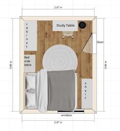 the floor plan for a bedroom with a bed, nightstands and other furniture in it