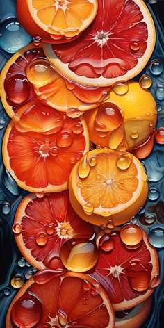 an oil painting of oranges and grapefruits with water droplets on them