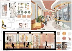 an architectural drawing shows the inside of a building with people walking and sitting in it