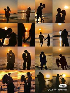 a couple kissing on the beach at sunset with their silhouettes in front of them