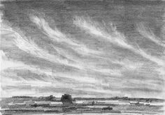 a black and white drawing of clouds in the sky over a field with cows grazing