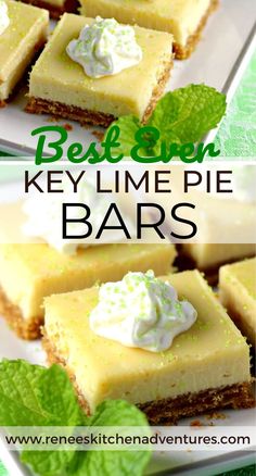 key lime pie bars with whipped cream on top and green leaves around the edges for garnish