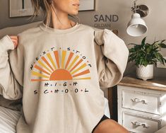 "8th Grade Graduation Sweatshirt, Next Stop High School Sweater, Pink Middle School Graduation Gifts, Last Day of School Teacher Summer Shirt HOW TO ORDER ➀ Select color ➁ Select the size (Please check size chart) ✦ True to size. Size up 1-2 sizes for an oversized look. ➂ Add to cart ✦ (Optional) \"Add message to Seller\" on the checkout page. GARMENT FEATURES ✦ Crew neckline ✦ Direct to garment printing - no vinyl, decal, or iron-on technique ✦ Our designs are printed on the garment to last a l Next Stop High School, Middle School Graduation Gifts, Class Dismissed, School Sweater, Bible Verse Tees, 8th Grade Graduation, Teacher Summer, School Sweatshirts, Summer Sweater