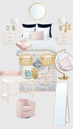 a bedroom with pink, gold and white accessories on the bed in front of a mirror