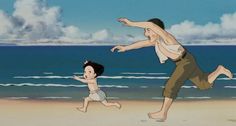 an animated image of a man and child running on the beach with water in the background