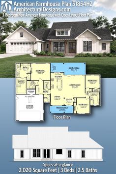 two story house plan with 3 bedroom and 2 bathrooms in the front, an open floor plan