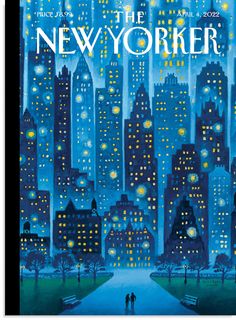 the new yorker magazine cover featuring two people walking down a city street at night