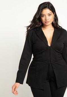 Corset Blazer Plus Size Peacoat, Outfit Graduacion, Corset Blazer, Plus Size Corset, Blazer Women, Plus Size Outerwear, Knit Blazer, Stylish Plus, Peplum Hem