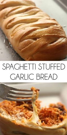 this is an image of spaghetti stuffed garlic bread