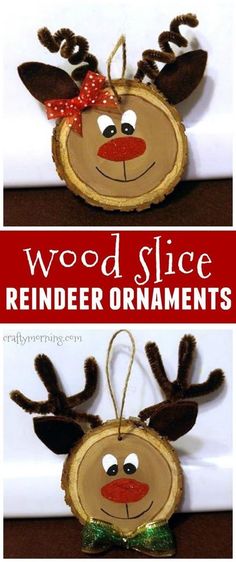 wood slice reindeer ornament is hanging on a wall with the words, wooden slice reindeer