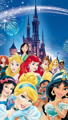 the disney princesses in front of a castle with fireworks