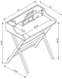 a drawing of a desk with measurements for the top and bottom section, including an open drawer