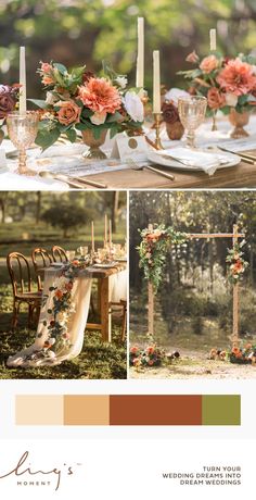 the wedding table is decorated with flowers and candles for an elegant touch to the outdoor setting