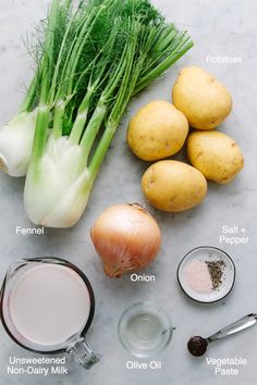 potatoes, onions and other ingredients are laid out on a counter top to be used in this recipe