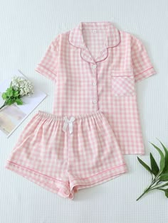 2pcs Women's Plaid Print Short Sleeve Button-Down Pajama Set With Shorts, Summer Loungewear Pink Casual-Young,Casual-Woman    Plaid Short Sets Slight Stretch Summer,Spring/Summer Women Sleep & Lounge, size features are:Bust: ,Length: ,Sleeve Length: Shein Pjs Set, Short Pjs Pyjama Sets, Pink Girly Pajamas, Shein Pyjama Set, Dollete Pajamas, Matching Pj Sets For Couples, Cute Aesthetic Pjs, Ulzzang Pajamas, Preppy Pajamas Set