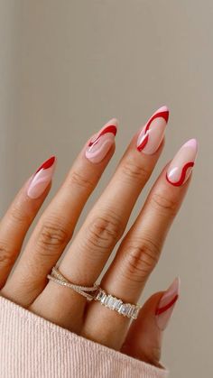 Stylish Red Nails, Red Oval Nails With Design, Red Nail Designs Classy, Short Red Nails Design, Hot Red Nails, French Stiletto, Nails With Design, Nagel Tips