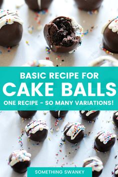 chocolate covered cake balls with sprinkles and white frosting on top, in front of a blue background