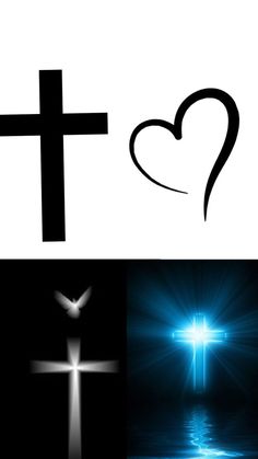 the cross and heart symbol are shown in three different pictures, one is black and white