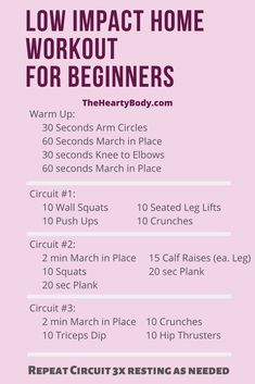 a pink poster with the words low impact home workout for beginners