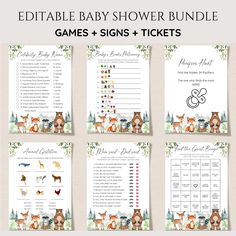 the printable baby shower game is shown in four different colors and font, with animals on