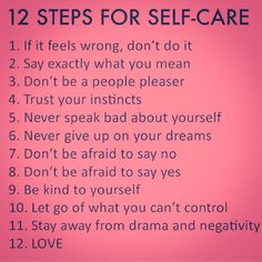 a pink poster with the words 12 steps for self - care