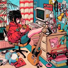 a person sitting in front of a computer desk with a guitar and other items on the floor