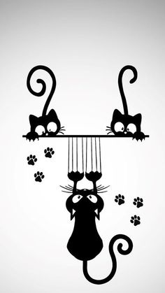 two black cats hanging from the ceiling with paw prints