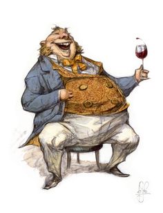 a drawing of a man holding a glass of wine