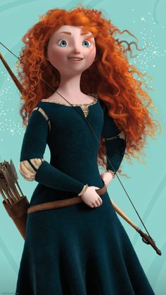 a red haired girl with long hair holding a bow and an arrow in her hand