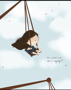 a girl is swinging on a swing in the sky