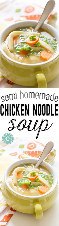 chicken noodle soup in a bowl with spoons on the side and title text overlay