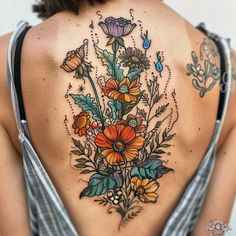 Wildflower Tattoo Art Kit Back Of Arm Tattoo Women Sleeve, Floral Shoulder Cap Tattoo Color, Minimal Color Tattoo, Nature Arm Sleeve Tattoos, Flower With Roots Tattoo, Planter Tattoo, Unique Shoulder Tattoos For Women, Folk Art Tattoos, Back Tattoo Flowers