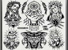 an old school tattoo flash sheet with different designs and tattoos on the back of it