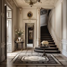 an elegant foyer with marble floors and chandelier on the ceiling is flanked by ornate staircases