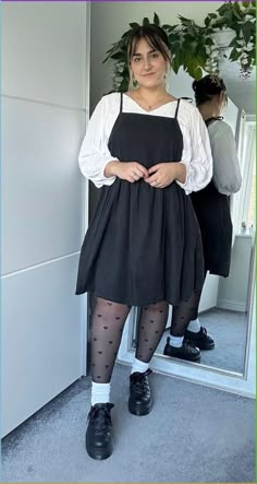 Outfits With Cute Socks, Alt Clothes Plus Size, Alt Fashion Outfits Plus Size, Black Dress Grunge Aesthetic, T Shirt Over Dress Outfits Plus Size, Alternative Business Casual Midsize, Plus Size Outfits Feminine, Long Sleeves Outfit Plus Size, Black Dress With White Long Sleeve Shirt Underneath