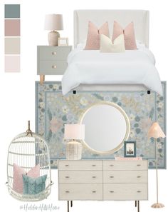 a bedroom with pink and blue accents, white bedding, gray dressers and lamps