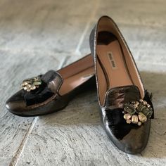 These Miu Miu Smoking Slippers Are In Excellent Condition- Wear On The Bottom Of The Leather Soles But Otherwise Great! They Are Crackled Pewter Metallic With A Black Grosgrain Bow And Large Crystals. Small Scuff On The Right Toe All The Way On The End. Original Retail On These Was $675! Miu Miu Shoes, Pewter Metal, Large Crystals, Flat Shoes Women, Miu Miu, Loafer Flats, The End, The Way, Slippers