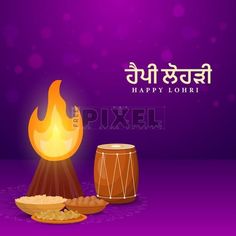 happy lohri with drums and fire on purple background