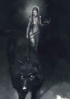 a woman is chained to a wolf with chains on it's neck and head