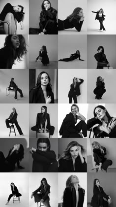 black and white photo collage of women in business attire sitting on chairs, posing for the camera