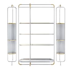 three white shelves with gold trims and one shelf on each side, the other is empty