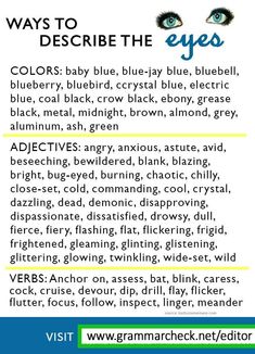 an advertisement with the words, ways to describe the eyes in blue and yellow colors