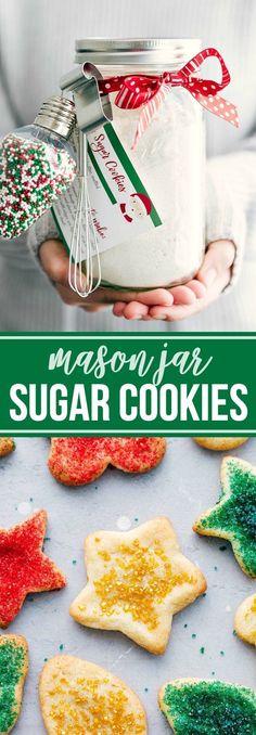 homemade sugar cookies in the shape of christmas trees and snowflakes with text overlay that reads mason jar sugar cookies