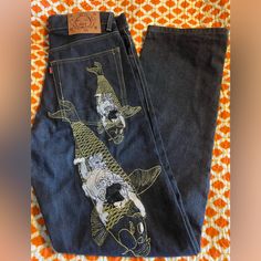 Rare Vintage Evisu Japanese Jeans, Embroidered Koi Fish With Lucky Man Riding , Gold Embroidered Seagull Pattern On The Pocket , Size 32/34, Button Fly , Nwot. Seagull Pattern, Japanese Jeans, Graphic Jeans, Evisu Jeans, Custom Denim, Lucky Man, Embellished Jeans, Art Block, Koi Fish