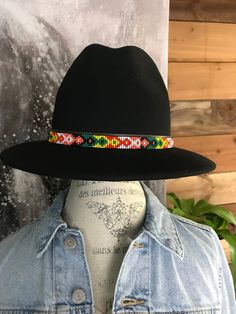 Hand Beaded Hat Band Green & Yellow Multicolor Beaded Brimmed Hat, Multicolor Beaded Short Brim Hat, Spring Multicolor Beaded Hats, Black Beaded Western Hat, Black Beaded Brimmed Hat, Casual Beaded Hat Bands For Festivals, Beaded Black Festival Hat, Black Beaded Festival Hat, Festival Black Beaded Hat