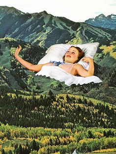 a painting of a woman laying in bed on top of a mountain surrounded by trees