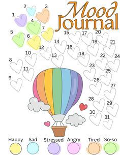 a colorful hot air balloon with hearts on it and the words mood journal above it