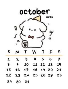 a calendar with an image of a dog on it's face and the date is october