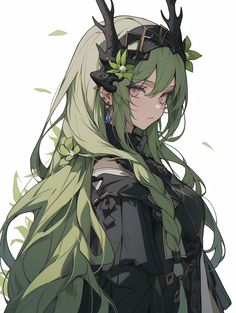 an anime character with long green hair and horns on her head, standing in front of a white background