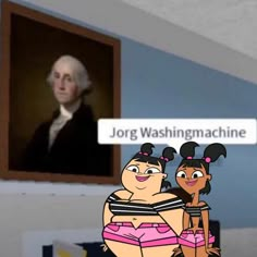 an animated image of two people in front of a painting with the words jorg washington machine on it